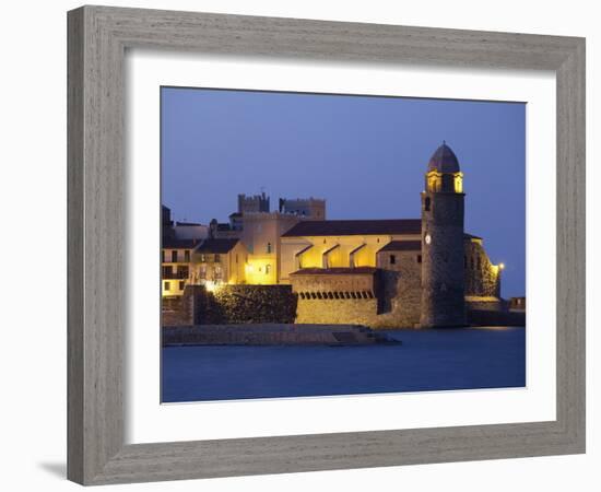 The Church of Notre-Dame-Des-Anges at Dusk from the Harbour at Collioure, Cote Vermeille, Languedoc-David Clapp-Framed Photographic Print