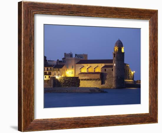 The Church of Notre-Dame-Des-Anges at Dusk from the Harbour at Collioure, Cote Vermeille, Languedoc-David Clapp-Framed Photographic Print