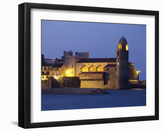 The Church of Notre-Dame-Des-Anges at Dusk from the Harbour at Collioure, Cote Vermeille, Languedoc-David Clapp-Framed Photographic Print