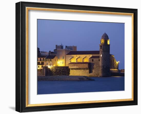 The Church of Notre-Dame-Des-Anges at Dusk from the Harbour at Collioure, Cote Vermeille, Languedoc-David Clapp-Framed Photographic Print