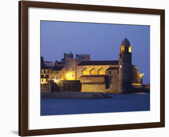 The Church of Notre-Dame-Des-Anges at Dusk from the Harbour at Collioure, Cote Vermeille, Languedoc-David Clapp-Framed Photographic Print