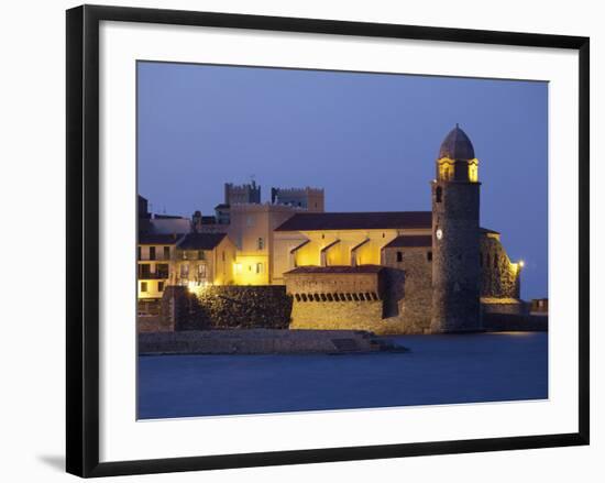 The Church of Notre-Dame-Des-Anges at Dusk from the Harbour at Collioure, Cote Vermeille, Languedoc-David Clapp-Framed Photographic Print