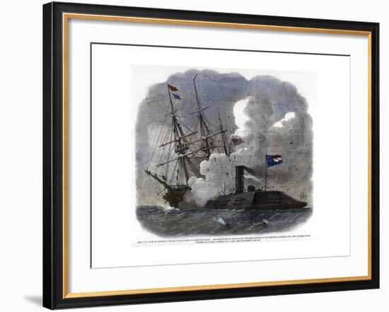 The Civil War in America - Naval Engagement in Hampton Roads..., 1862-null-Framed Giclee Print