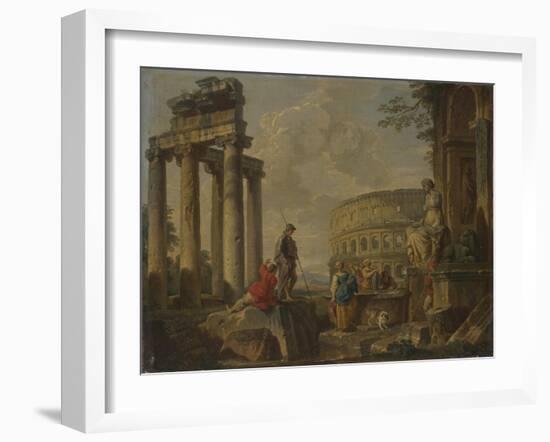 The Coliseum Amongst Roman Ruins, c.1730-Giovanni Paolo Pannini or Panini-Framed Giclee Print