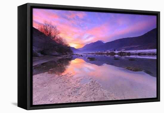 The colors of sunset are reflected in the Adda River, Valtellina, Lombardy, Italy, Europe-Francesco Bergamaschi-Framed Premier Image Canvas