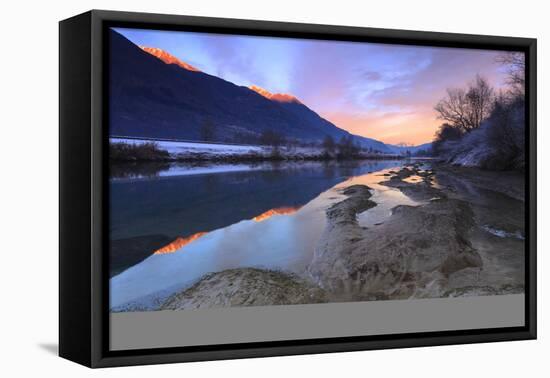 The colors of sunset are reflected in the Adda River, Valtellina, Lombardy, Italy, Europe-Francesco Bergamaschi-Framed Premier Image Canvas