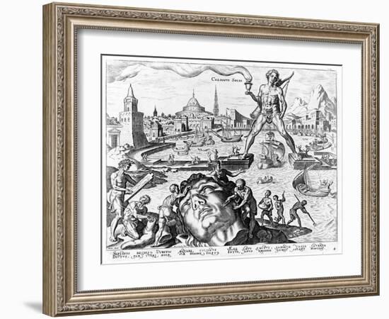 The Colossus of Rhodes (Engraving)-Maerten van Heemskerck-Framed Giclee Print