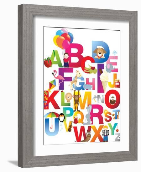 The Complete Childrens English Alphabet Spelt out with Different Fun Cartoon Animals and Toys-barney boogles-Framed Art Print