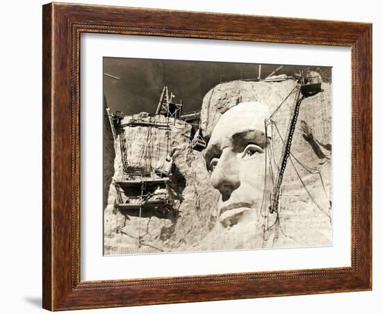 The Construction of the Mount Rushmore National Memorial, Detail of Abraham Lincoln,1928-null-Framed Photographic Print