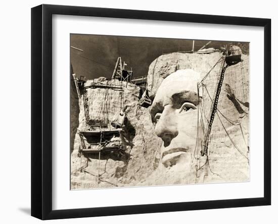 The Construction of the Mount Rushmore National Memorial, Detail of Abraham Lincoln,1928-null-Framed Photographic Print