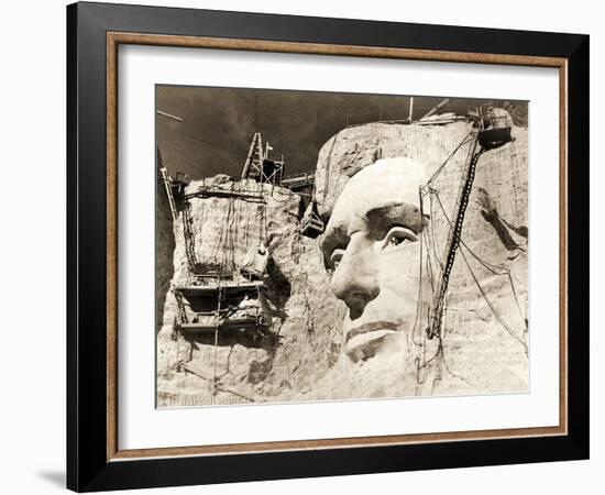 The Construction of the Mount Rushmore National Memorial, Detail of Abraham Lincoln,1928-null-Framed Photographic Print