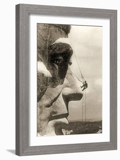 The Construction of the Mount Rushmore National Memorial, Detail of Abraham Lincoln,1928-null-Framed Photographic Print