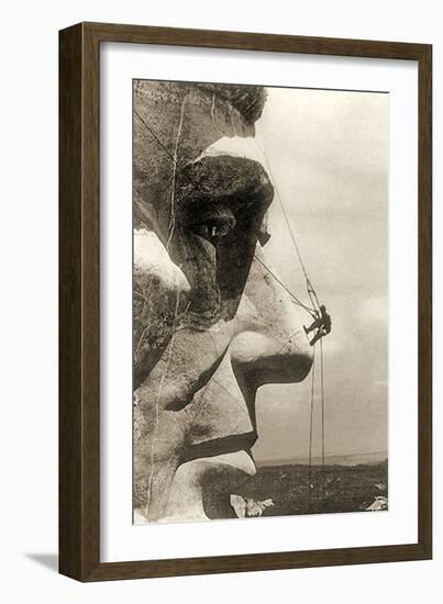 The Construction of the Mount Rushmore National Memorial, Detail of Abraham Lincoln,1928-null-Framed Photographic Print