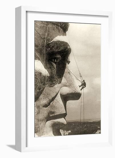 The Construction of the Mount Rushmore National Memorial, Detail of Abraham Lincoln,1928-null-Framed Photographic Print