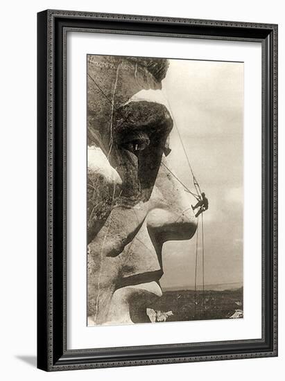 The Construction of the Mount Rushmore National Memorial, Detail of Abraham Lincoln,1928-null-Framed Photographic Print