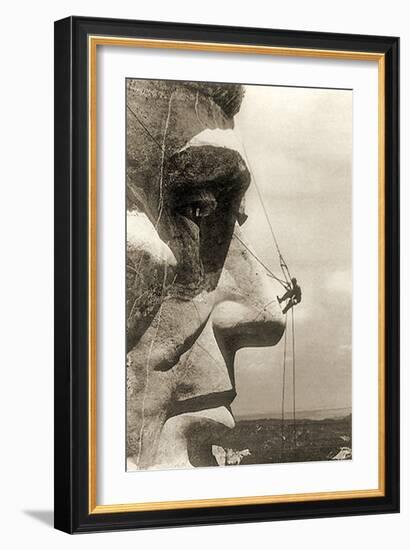 The Construction of the Mount Rushmore National Memorial, Detail of Abraham Lincoln,1928-null-Framed Photographic Print