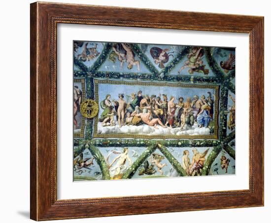 The Council of the Gods, Ceiling Decoration from the "Loggia of Cupid and Psyche," 1510-17-Giulio Romano-Framed Giclee Print