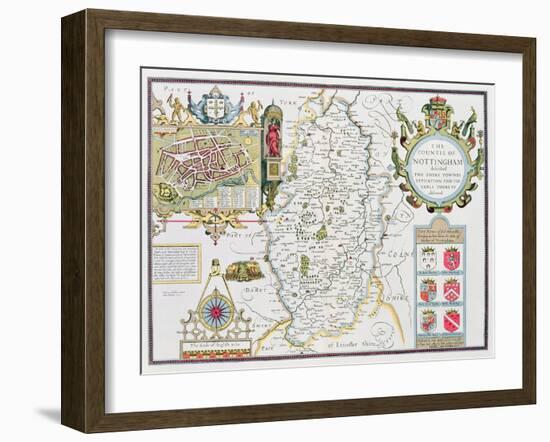 The Countie of Nottingham, Engraved by Jodocus Hondius (1563-1612)-John Speed-Framed Giclee Print