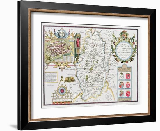 The Countie of Nottingham, Engraved by Jodocus Hondius (1563-1612)-John Speed-Framed Giclee Print