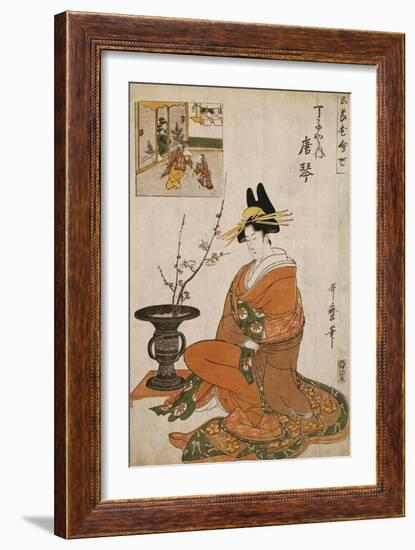 The Courtesan Karakoto of the Chojiya Seated by an Arrangement of Plum Flowers-Kitagawa Utamaro-Framed Giclee Print