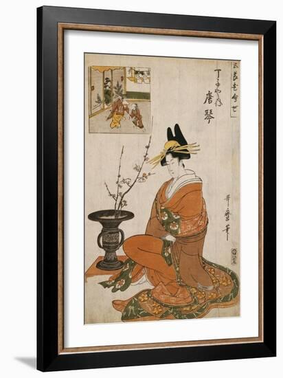 The Courtesan Karakoto of the Chojiya Seated by an Arrangement of Plum Flowers-Kitagawa Utamaro-Framed Giclee Print