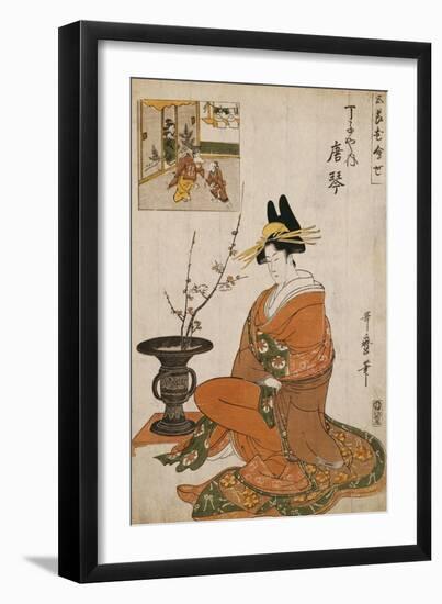 The Courtesan Karakoto of the Chojiya Seated by an Arrangement of Plum Flowers-Kitagawa Utamaro-Framed Giclee Print