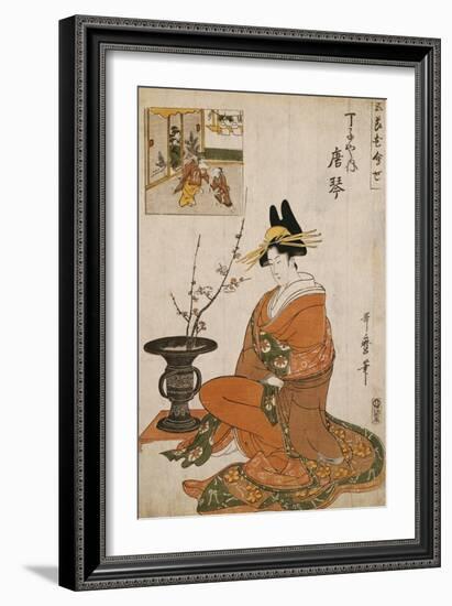 The Courtesan Karakoto of the Chojiya Seated by an Arrangement of Plum Flowers-Kitagawa Utamaro-Framed Giclee Print