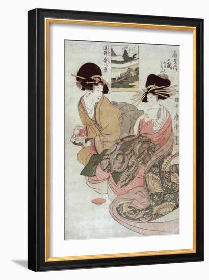 The Courtesan Tsukasa of Ogiya with Attendant, Japanese Wood-Cut Print-Lantern Press-Framed Art Print