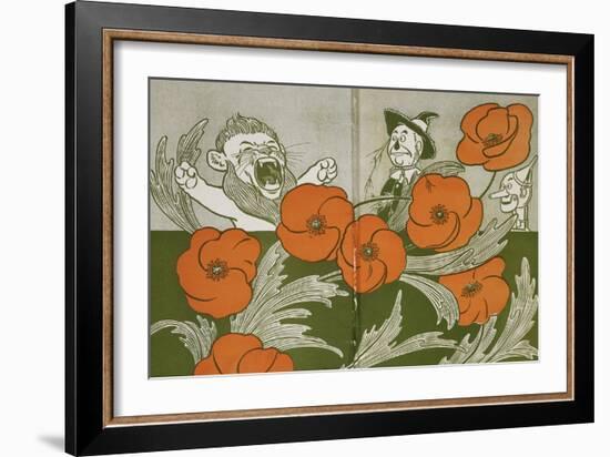 The Cowardly Lion, Scarecrow and Tin Woodman in the Deadly Field Of Poppies-William Denslow-Framed Giclee Print