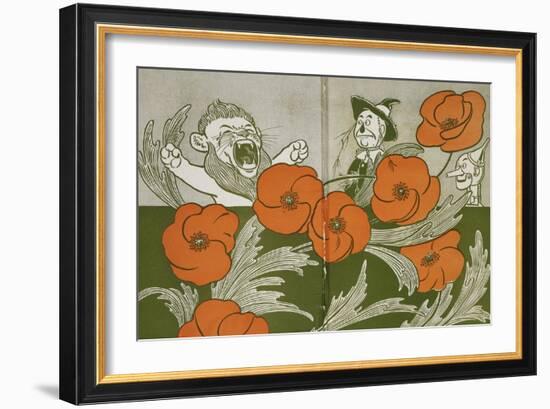 The Cowardly Lion, Scarecrow and Tin Woodman in the Deadly Field Of Poppies-William Denslow-Framed Giclee Print