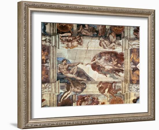 The Creation of Adam, Detail from the Sistine Ceiling, 1511-12 (Fresco)-Michelangelo Buonarroti-Framed Giclee Print