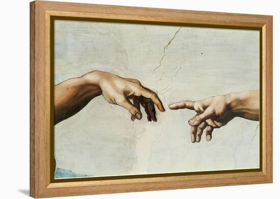 The Creation of Adam, Detail of God's and Adam's Hands, from the Sistine Ceiling-Michelangelo Buonarroti-Framed Premier Image Canvas