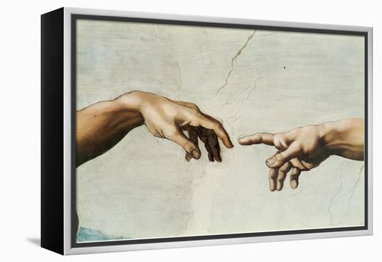 The Creation of Adam, Detail of God's and Adam's Hands, from the Sistine Ceiling-Michelangelo Buonarroti-Framed Premier Image Canvas
