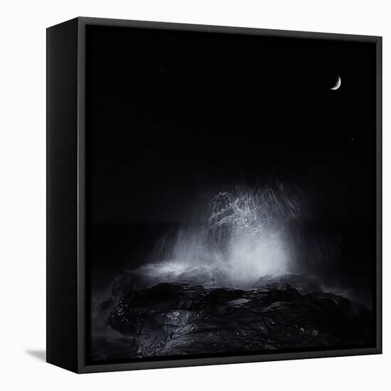 The Crescent Moon and Waves Splashing over Rocks in Miramar, Argentina-Stocktrek Images-Framed Premier Image Canvas
