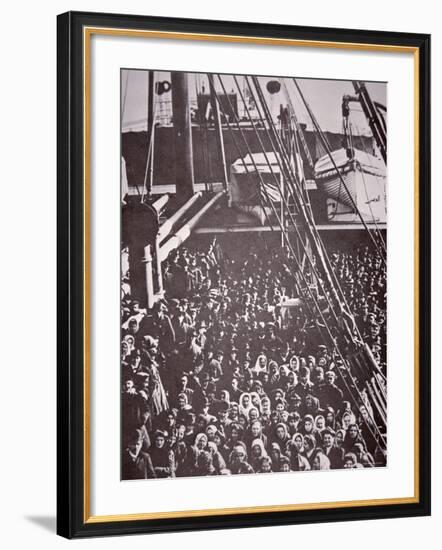 The Crowded Deck of an Immigrant Ship Entering New York Harbour, c.1905-null-Framed Photographic Print