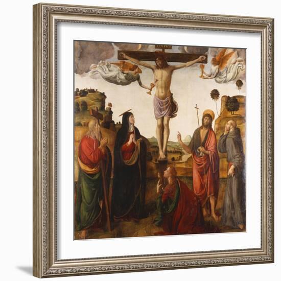 The Crucifixion with the Madonna, Saints John the Baptist, Mary Magdalen, Andrew and Francis-Cosimo Rosselli-Framed Giclee Print