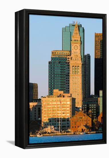 The Customs House Clock Tower and Boston skyline at sunrise, as seen from South Boston, Massachu...-null-Framed Premier Image Canvas