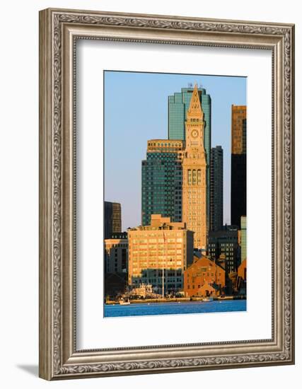 The Customs House Clock Tower and Boston skyline at sunrise, as seen from South Boston, Massachu...-null-Framed Photographic Print