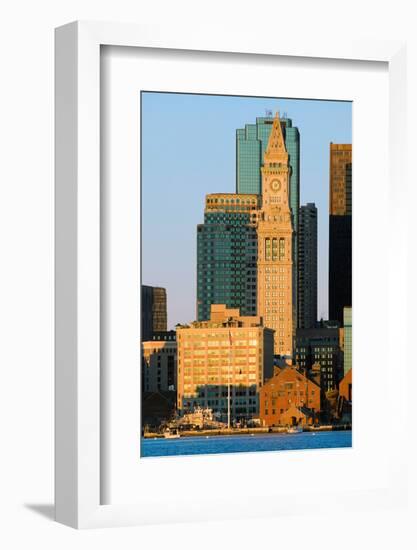 The Customs House Clock Tower and Boston skyline at sunrise, as seen from South Boston, Massachu...-null-Framed Photographic Print