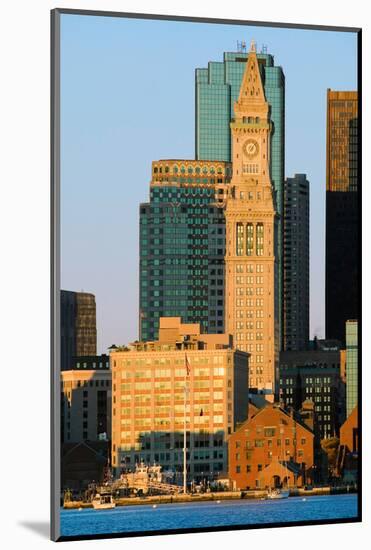 The Customs House Clock Tower and Boston skyline at sunrise, as seen from South Boston, Massachu...-null-Mounted Photographic Print