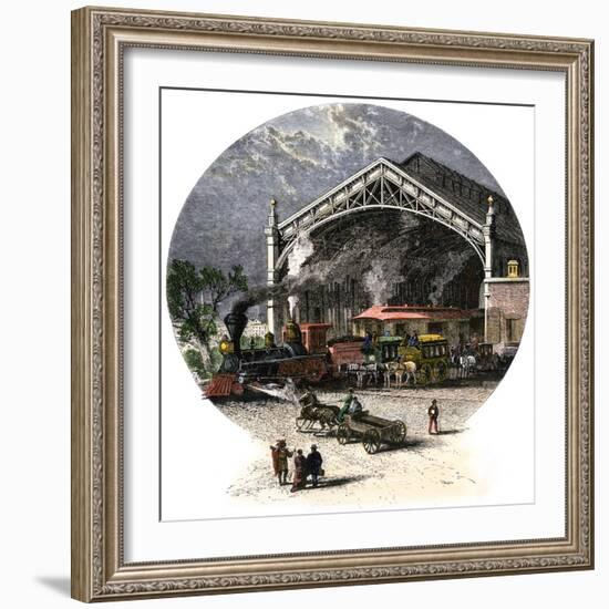 The Depot of the Union Pacific Railroad in Omaha, Nebraska (Usa), circa 1880. Colour Engraving.-null-Framed Giclee Print