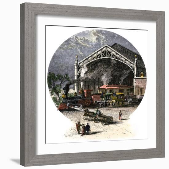 The Depot of the Union Pacific Railroad in Omaha, Nebraska (Usa), circa 1880. Colour Engraving.-null-Framed Giclee Print