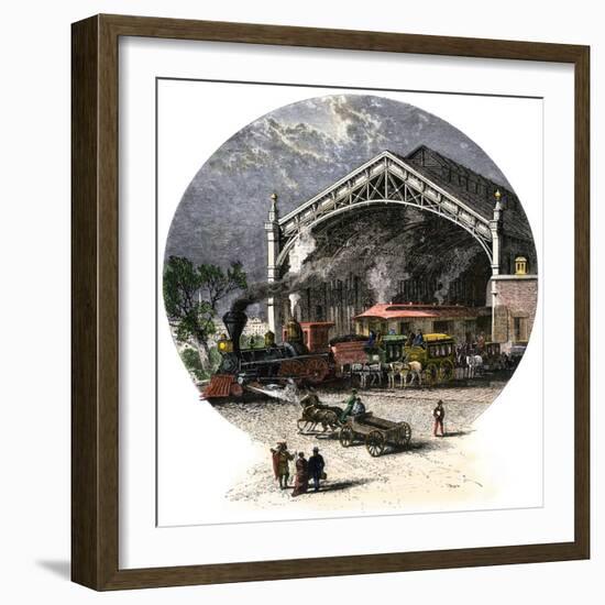 The Depot of the Union Pacific Railroad in Omaha, Nebraska (Usa), circa 1880. Colour Engraving.-null-Framed Giclee Print