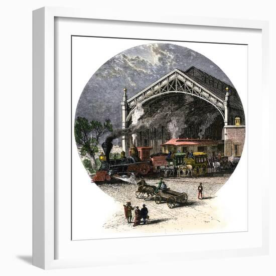 The Depot of the Union Pacific Railroad in Omaha, Nebraska (Usa), circa 1880. Colour Engraving.-null-Framed Giclee Print