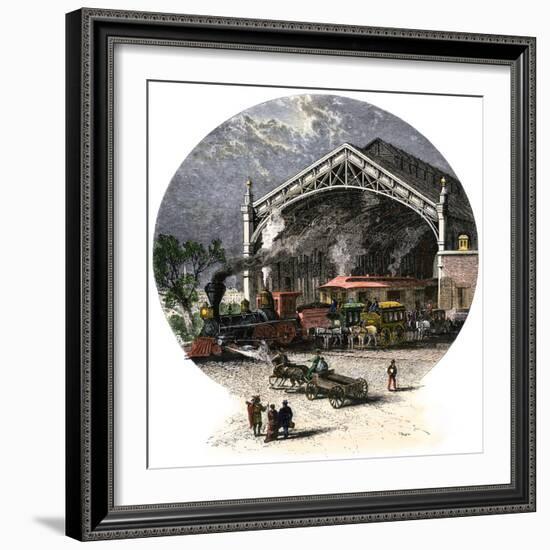 The Depot of the Union Pacific Railroad in Omaha, Nebraska (Usa), circa 1880. Colour Engraving.-null-Framed Giclee Print