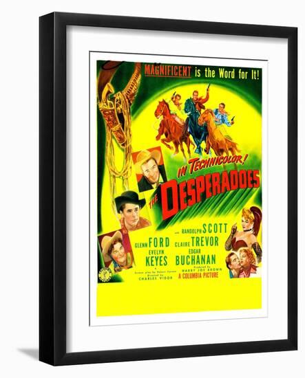 THE DESPERADOES, US poster, left from bottom: Guinn Williams, Glenn Ford, Randolph Scott,--Framed Art Print