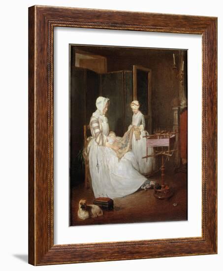 The Diligent Mother, C.1740 (Oil on Canvas)-Jean-Baptiste Simeon Chardin-Framed Giclee Print