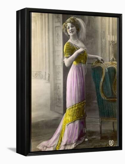 The Directoire, Empire Silhouette: High-Waisted Pink and Gold Gown with an Embroidered Corsage-null-Framed Premier Image Canvas