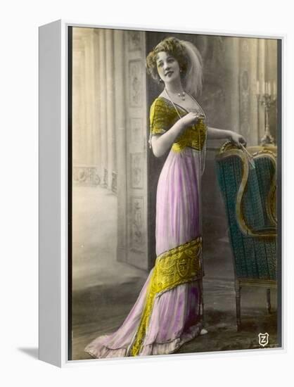 The Directoire, Empire Silhouette: High-Waisted Pink and Gold Gown with an Embroidered Corsage-null-Framed Premier Image Canvas