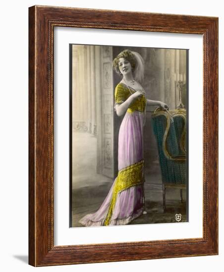 The Directoire, Empire Silhouette: High-Waisted Pink and Gold Gown with an Embroidered Corsage-null-Framed Photographic Print